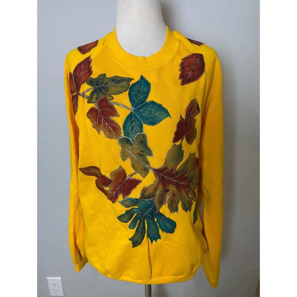 Vintage Jerzees Hand Painted Autumn Leaf Sweatshirt Yellow XL 80s 90s USA Made